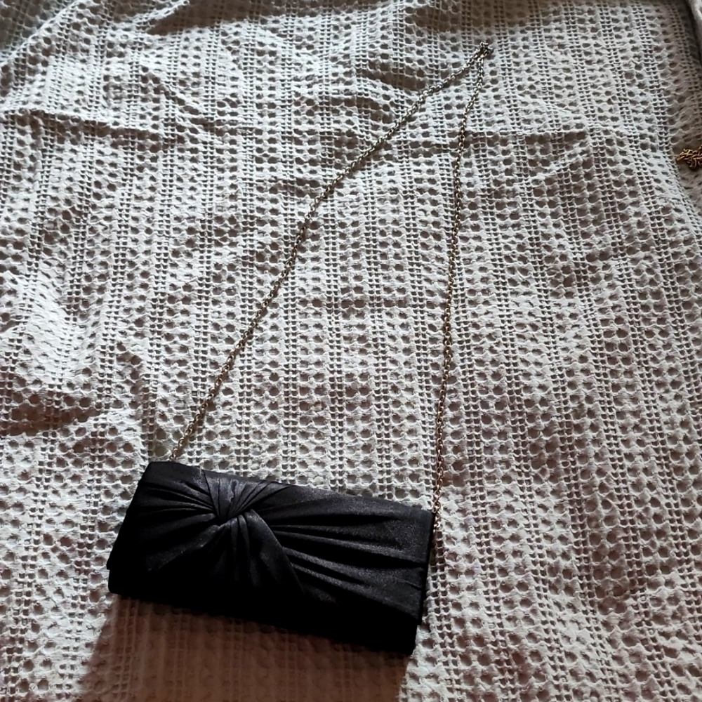 Charming Charlie Black Satin-like Clutch with Silver Chain